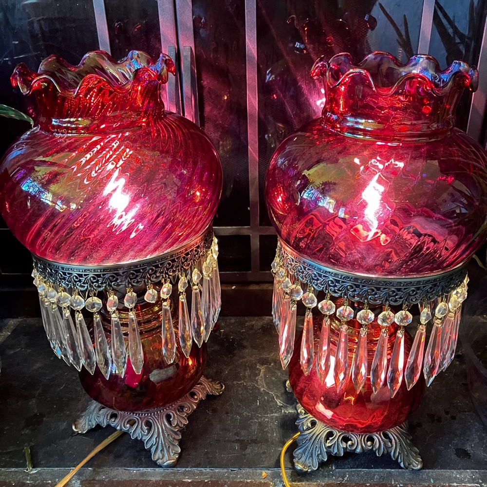 Early 1900’s cranberry hurricane lamps